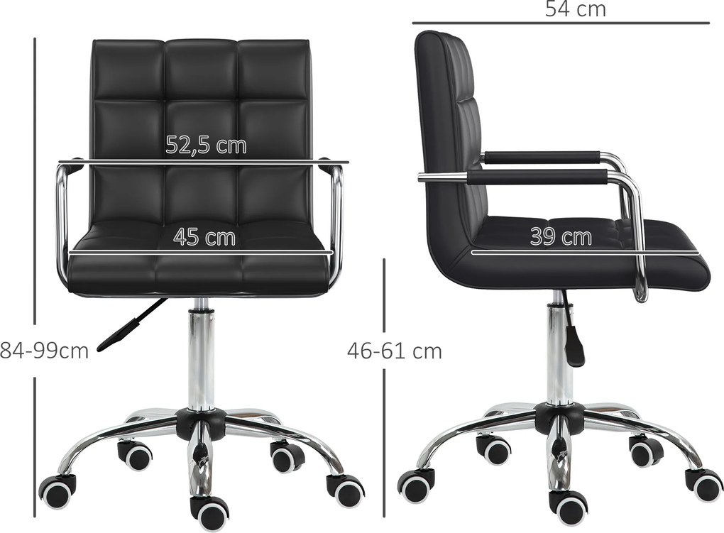 HOMCOM Krzesło biurowe w stylu retro, regulowana wysokość, 5 kółek, 52,5 cm x 54 cm x 99 cm, Czarny