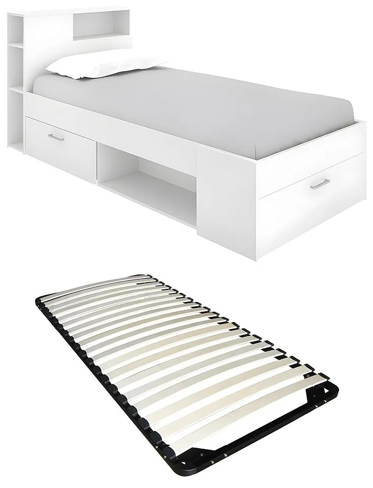 Łóżko z zagłówkiem,  ze skrzynią i szufladą - 90 x 190 cm - białe + stelaż - LEANDRE