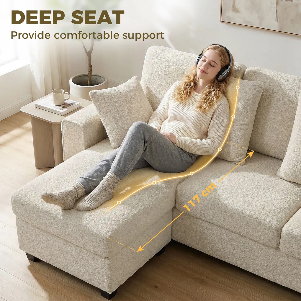 HOMCOM Narożna sofa z odwracalnym szezlongiem, 3-osobowa kanapa z aksamitnym wyglądem, szerokie i głębokie siedzisko, poduszki sprężynowe, beżowa | Aosom PL