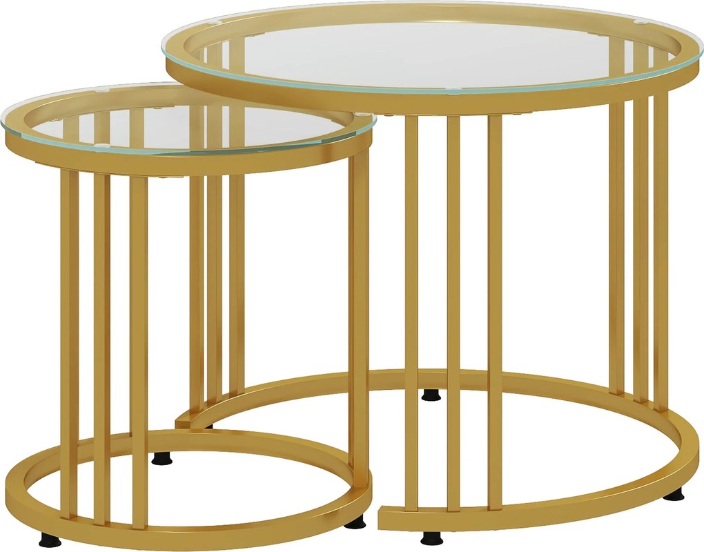HOMCOM Zestaw 2 Stolików, Stoliki Pomocnicze, Stal Węglowa, Blat Ze Szkła Hartowanego, Ø60x47/Ø40x42 cm, Złoty