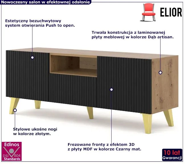 Szafka na TV dąb artisan z czarnymi lamelami D1-P35