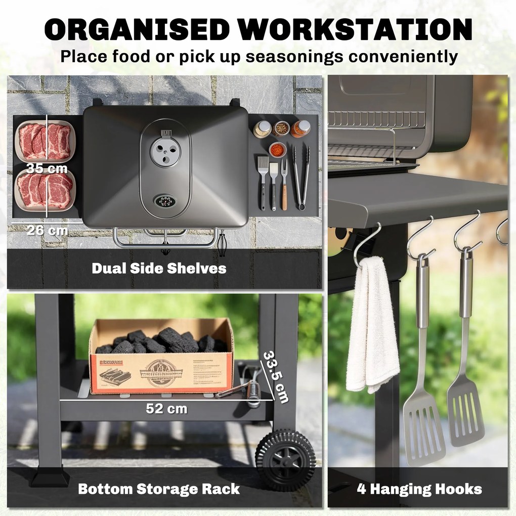 Outsunny Grill węglowy BBQ Smoker z pokrywą, termometrem, regulowaną tacą na węgiel, rusztem, bocznym stołem i szufladą na popiół | Aosom PL