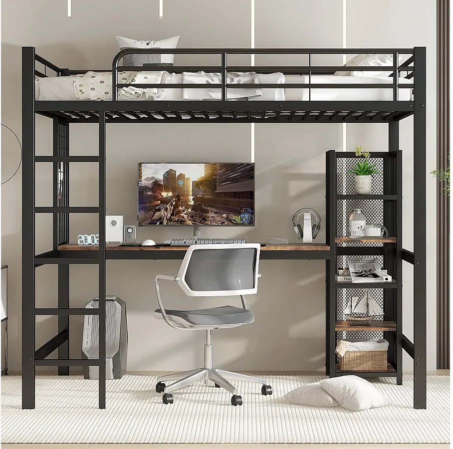 Łóżko piętrowe z żelaza - 90 x 200 cm - ze stołem i półkami do przechowywania - MDF + Metal - Czarny