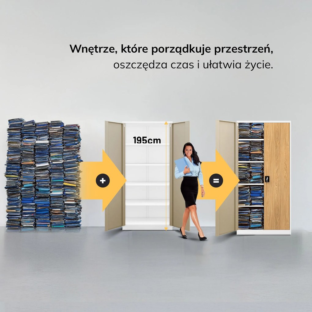 Szafa biurowa metalowa wysoka na dokumenty biała/złoty dąb, 900x1950x400 mm: JAN H Eco Design