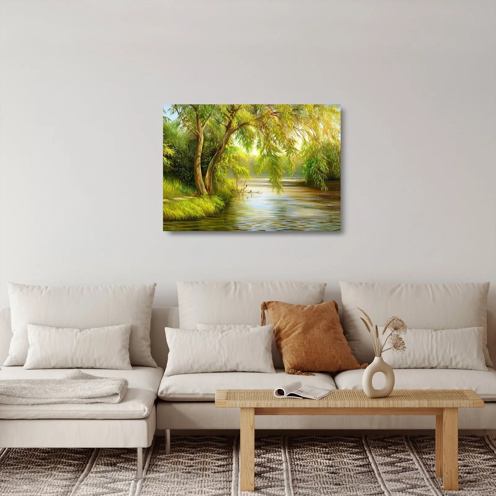 Obraz na szkle - Wierzba nad jeziorem, obraz olejny (70x50 cm)