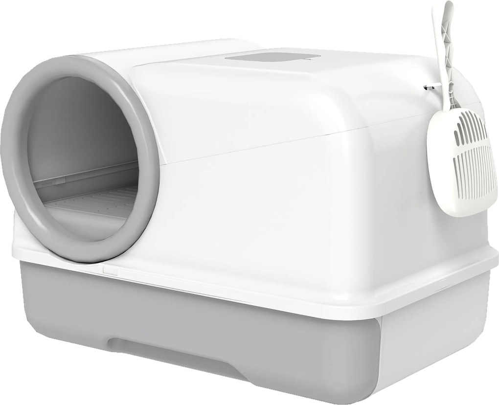 PawHut Kuweta z pokrywą, łopatka, wysuwana taca, 2 wkłady z węglem aktywnym dla kotów do 5 kg 59x39,5x39,5 cm Biały+Szary | Aosom PL