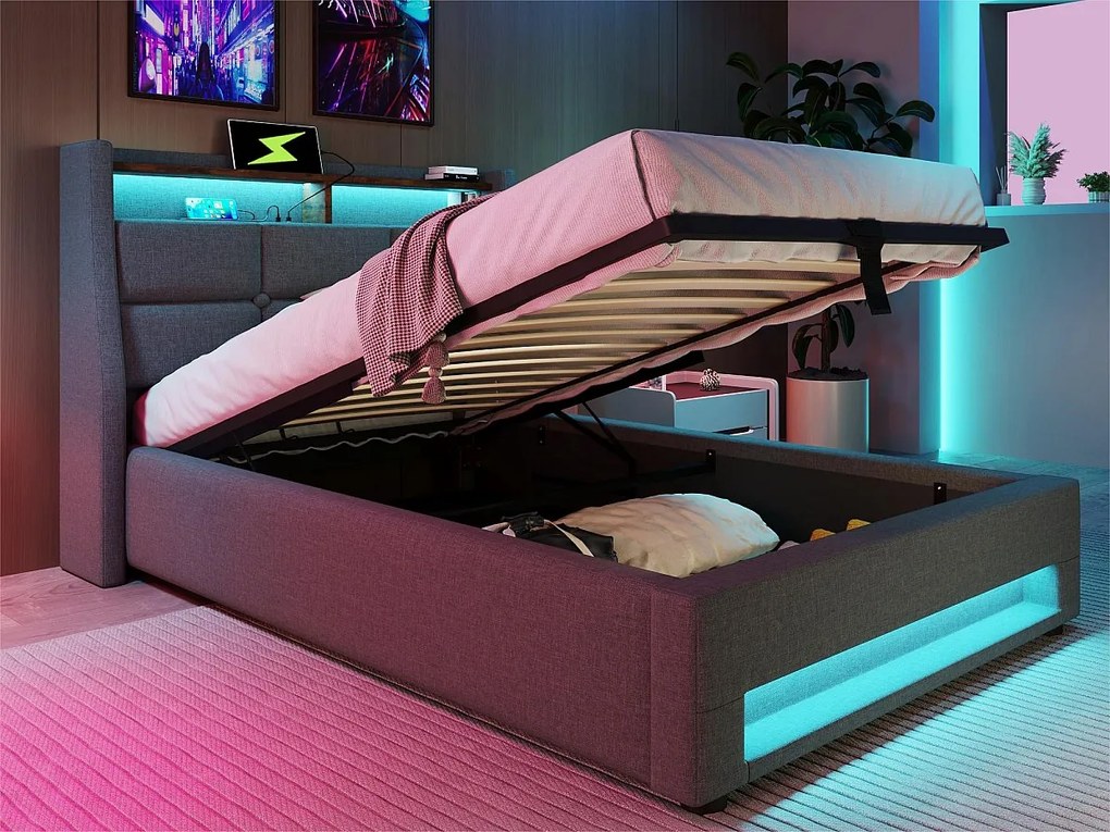 Łóżko z lnu 90x200cm z LED i portami USB - stelaż na listwach - szare