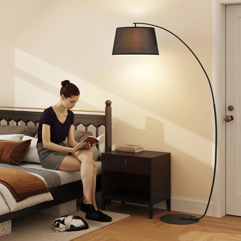 HOMCOM Lampa Stojąca z Abażurem z Tkaniny, Łukowa Lampa Podłogowa z Okrągłą Podstawą, Metal, 105L x 47S x 190W cm, Czarna