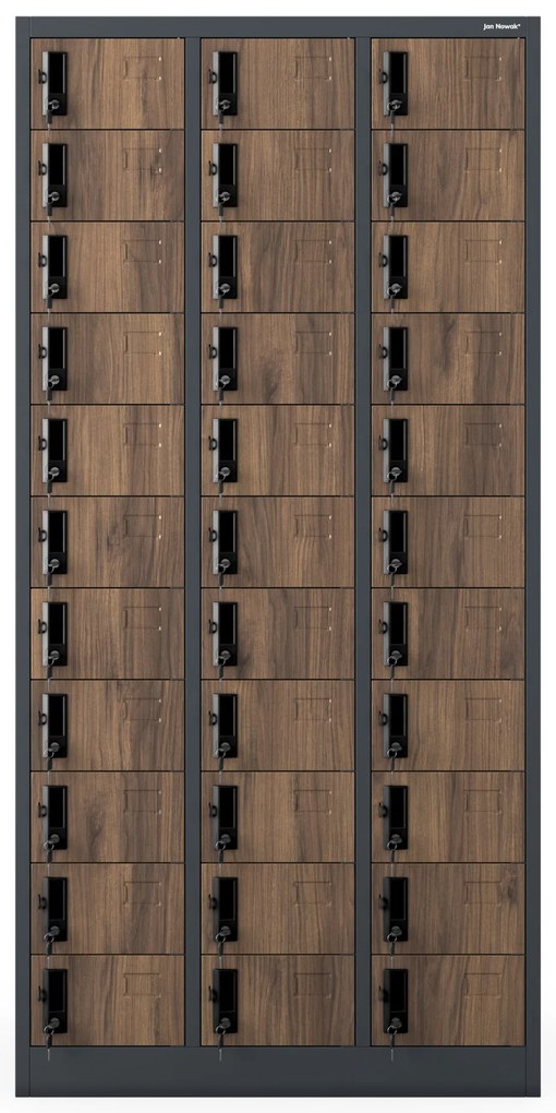 Szafka skrytkowa depozytowa 33-skrytkowa antracytowa/orzech, 900x1850x450 mm: OLIVER Eco Design