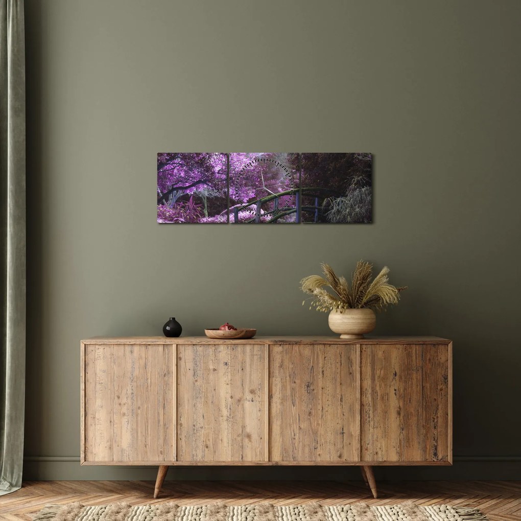 Obraz - fioletowe drzewa (z zegarem) (90x30 cm)