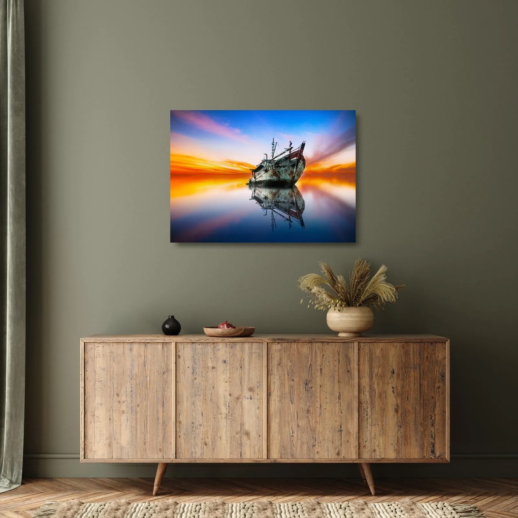 Obraz na szkle - Wschód słońca nad wrakiem łodzi (70x50 cm)