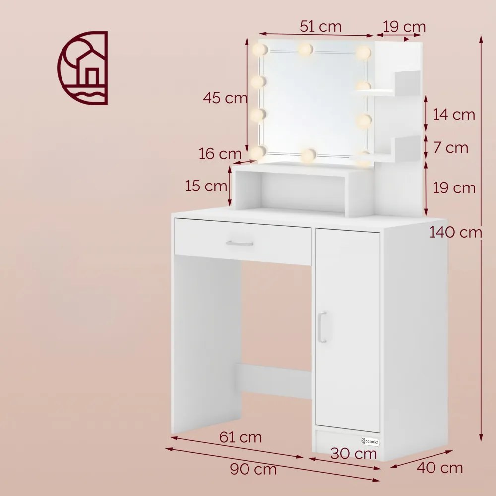 Toaletka JOCELYN z oświetleniem, 140×90×40cm, biała Casaria