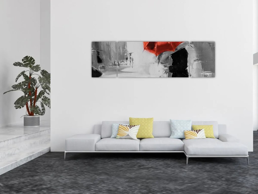 Obraz - Zakochana para pod parasolem, czerwony (170x50 cm)