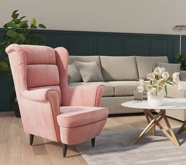 Różowy tapicerowany welurem fotel uszak G2-P27