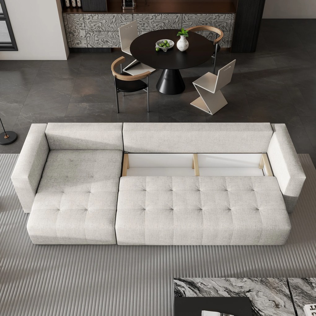 Masseno Narożnik OLVERA z funkcją spania i pojemnikiem na pościel Narozniki L, Rozkładana sofa - Kremowy, NEVE 02