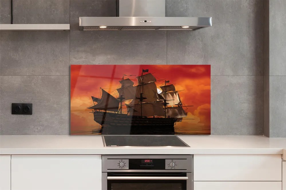 Szkło do Kuchni na Ścianę Statek w Blasku Pomarańczowego Nieba