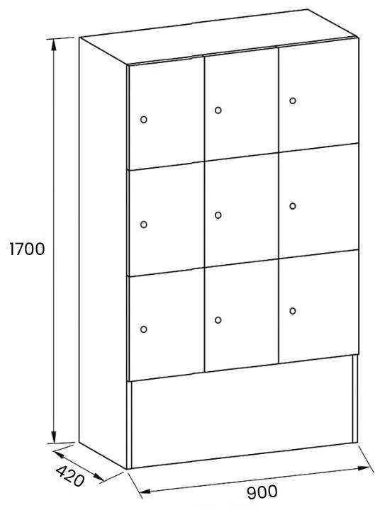 Drewniana szafka skrytkowa, 9 schowków, 1700 x 900 x 420 mm, zamek cylindryczny, brzoza