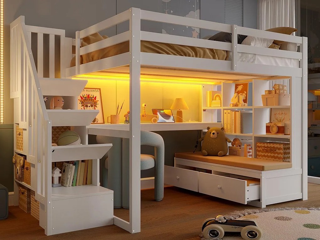 Łóżko mezzanine dla dzieci 140x200 cm - z biurkiem i półką - 2 szuflady - schody do przechowywania - białe (bez materaca)