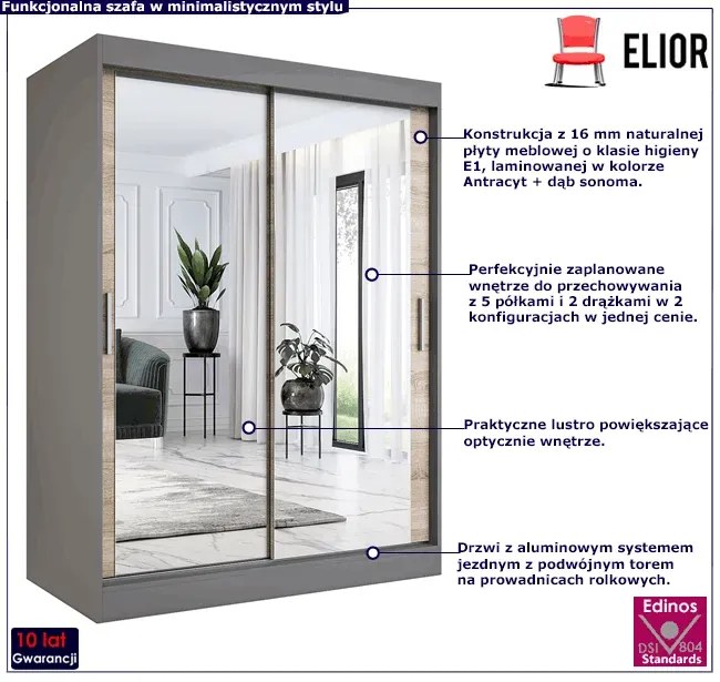 Szafa przesuwna z lustrem 150 cm antracyt + dąb sonoma - Kukkin 4X