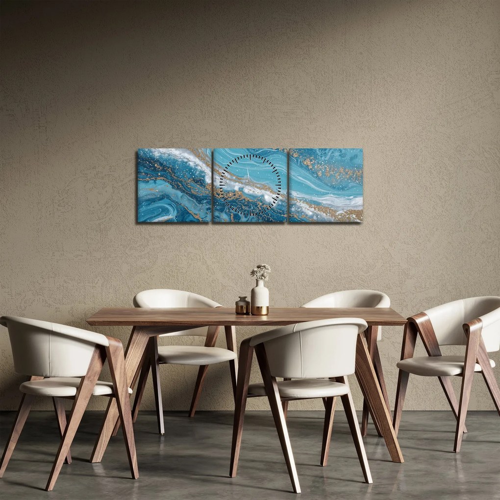 Obraz - Jasnoniebieski marmur ze złotem I. (z zegarem) (90x30 cm)