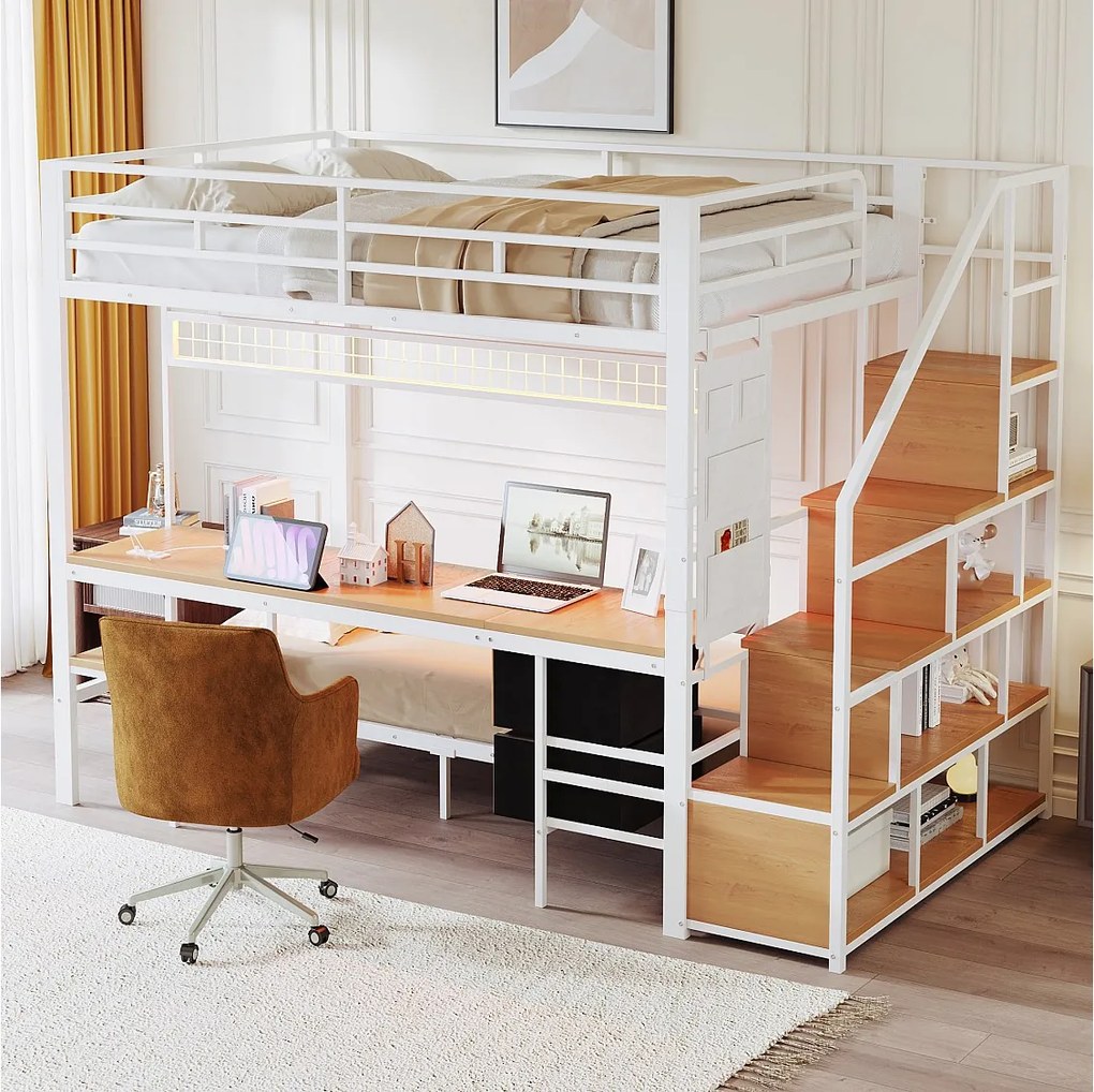 Łóżko piętrowe metalowe dla dzieci - 140 x 200 cm + 90 x 200 cm - z biurkiem + oświetlenie LED + drabinka - drewno + metal - białe