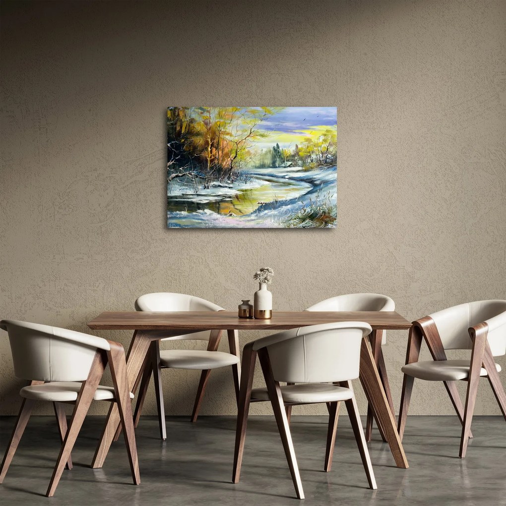 Obraz zimowej rzeki, obraz olejny (70x50 cm)