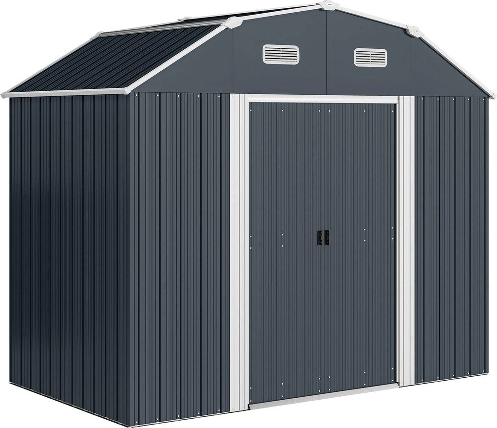 Outsunny Domek narzędziowy do ogrodu, odporny na warunki atmosferyczne, 2 okna, 2 drzwi, 238 x 132 x 198,5 cm, Ciemnoszary