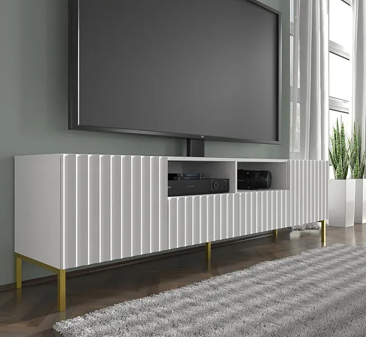 Biała lamelowa szafka pod TV z szufladami - Dixter 4X