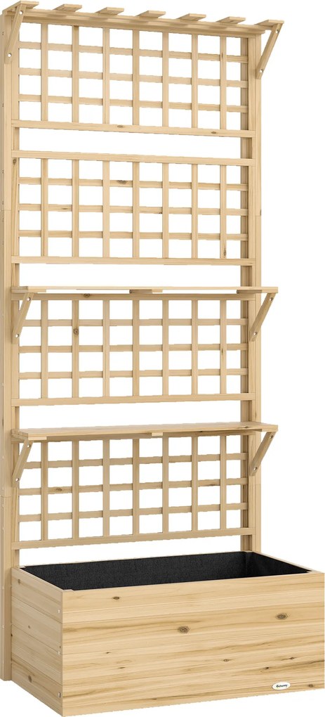 Outsunny Podwyższona donica z kratką i wiszącym dachem, drewniana donica z 2 półkami, otworami odpływowymi, 76 x 43,5 x 177 cm | Aosom PL