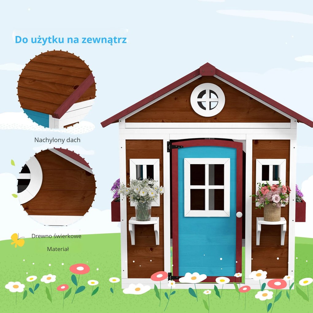 Outsunny Domek zabaw dla dzieci, Drewniany domek ogrodowy z oknami, doniczkami, na zewnątrz, 3-8 lat, Niebieski