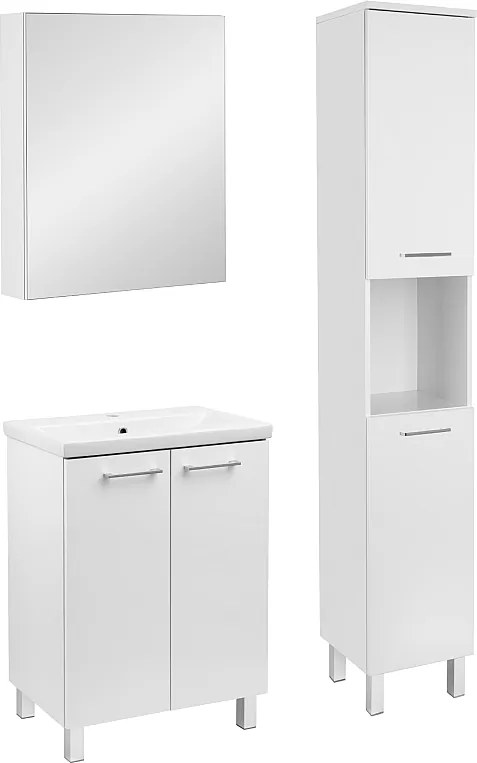 Biały Zestaw do Łazienki Stojący 60cm Szafka z Umywalką Słupek Szafka z Lustrem