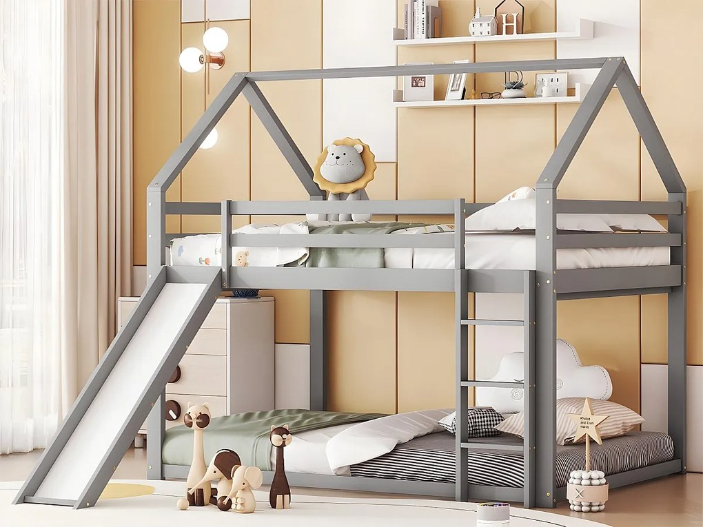 Łóżko piętrowe domek z zjeżdżalnią i drabinką - 140x200cm - rama z litego drewna sosnowego - Szary