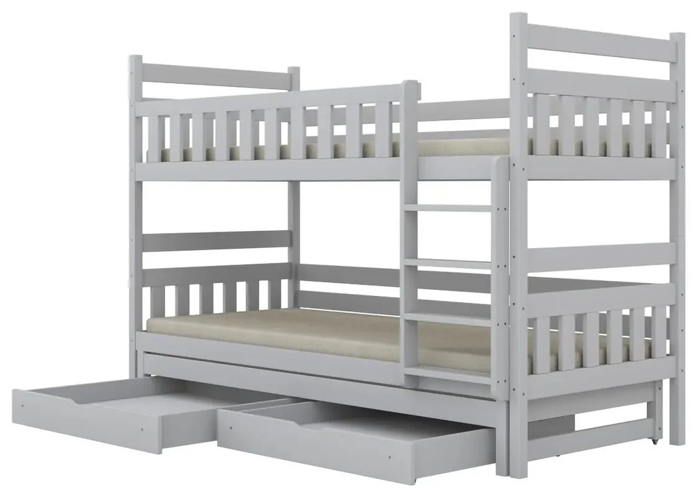 Łóżko piętrowe BARTEK 180x80 białe drewniane trzyosobowe z szufladami KOCOT KIDS