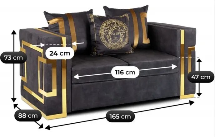 Sofa PALLAZO 2S Dwuosobowa Czarno/Złota Welurowa Glamour