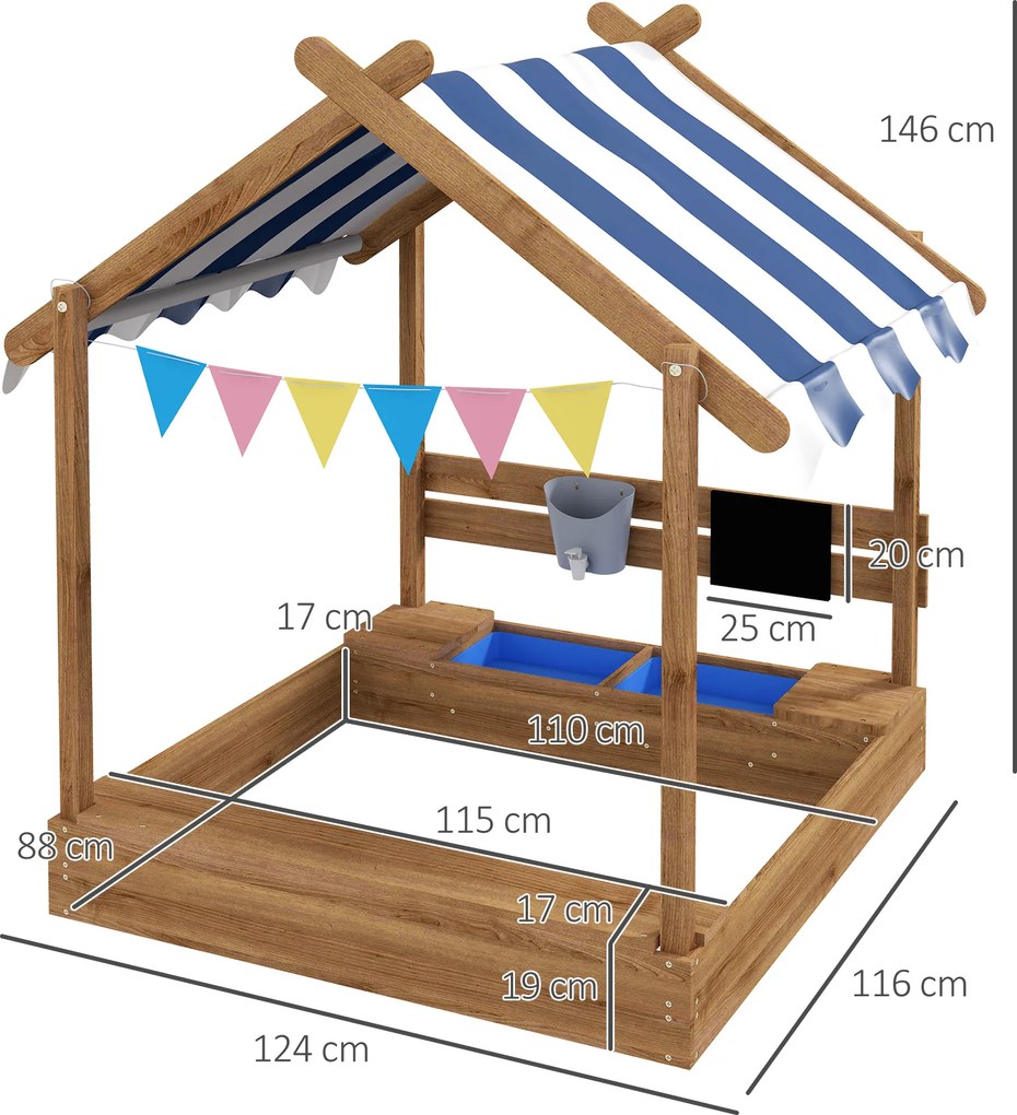 Outsunny drewniana piaskownica z daszkiem domek dla dzieci piaskownica z zabawkami do ogrodu 124x116x146cm brązowy | Aosom PL