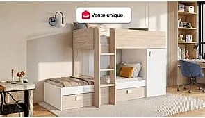 Łóżko piętrowe narożne z szafą i szufladami - 2 x 90 x 190 cm - Wbudowane schowki - Dębowy i biały - RICARDO