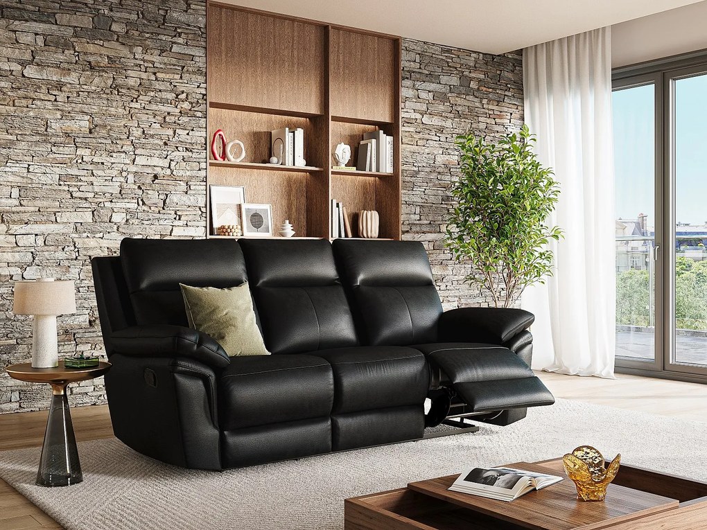 Kanapa 3-osobowa z funkcją relax ze skóry bawolej PAKITA - kolor czarny
