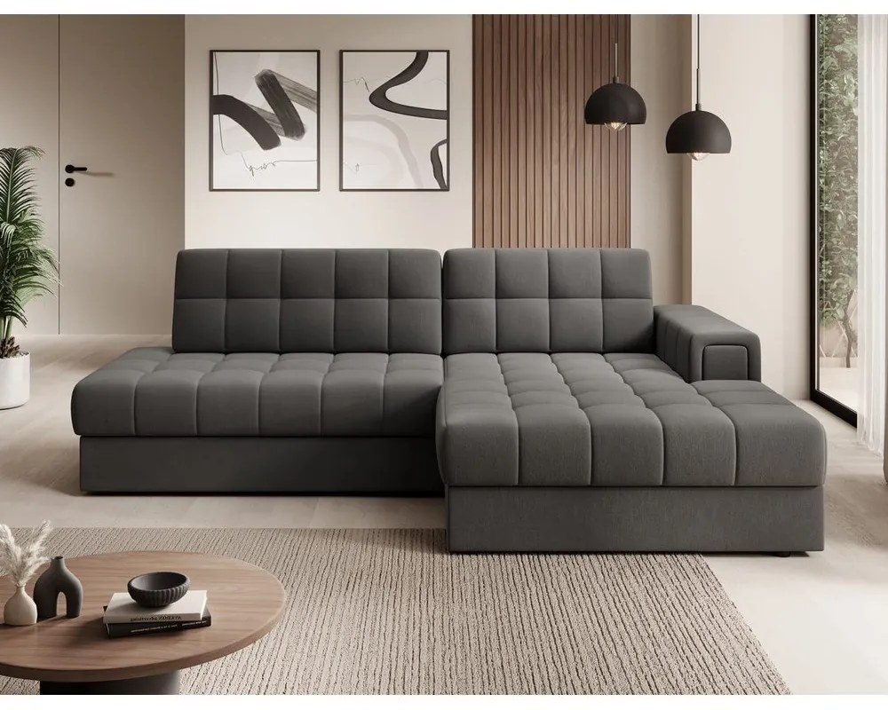 Szarobrązowy aksamitny rozkładany narożnik (prawostronny/z szezlongiem) Blezalt – ELTAP