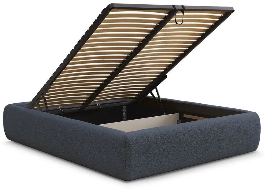 Ciemnoniebieskie tapicerowane łóżko dwuosobowe bez zagłówka ze schowkiem i stelażem 180x200 cm Inera – Bobochic Paris