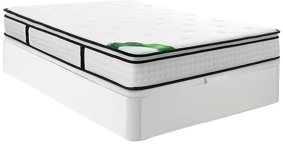 Zestaw 140 x 190 cm biały skrzynia + materac z kieszeniami sprężynowymi 7 stref z wbudowanym topperem i bambusowym pokrowcem gr.23cm - TAREVO od NATUREA