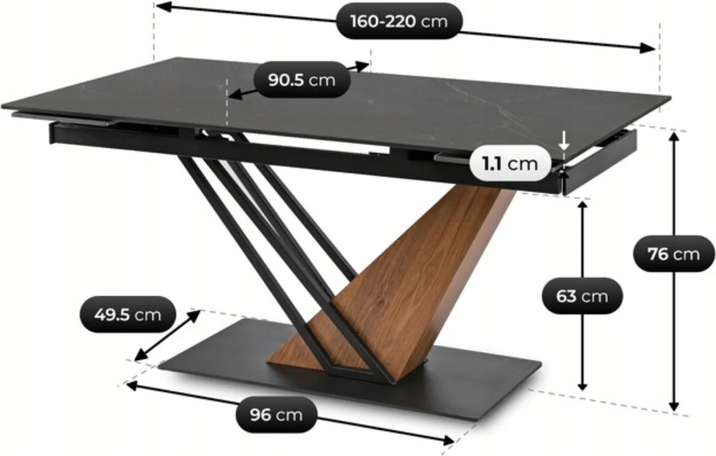 Stół Rozkładany Prostokątny REX 160-220 cm Ceramiczny Czarny Marmur/Orzech do Jadalni Nowoczesny Loft