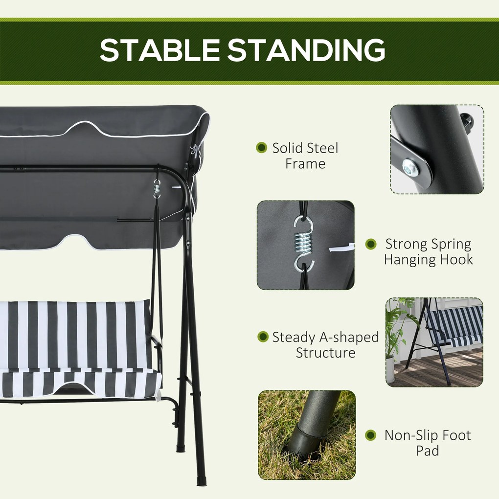 Outsunny Huśtawka Hollywood, Huśtawka Ogrodowa, 3-osobowa Ławka Huśtawka z Daszkiem, Stal, 172 x 110 x 153 cm, Szary+Biały