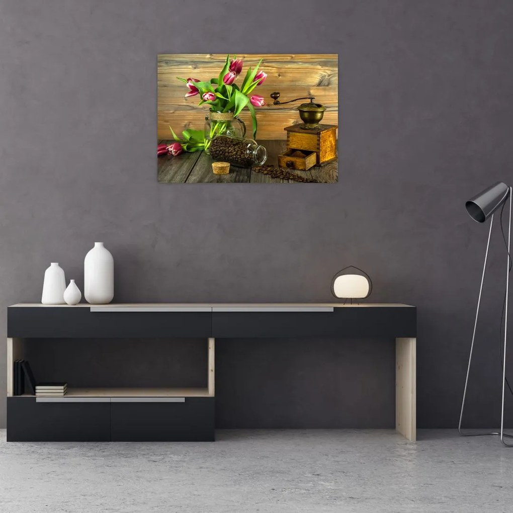 Obraz - tulipany, młynek i kawa (70x50 cm)