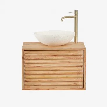 Zestaw Wiszących Mebli Łazienkowych 60x45 Cm Z Drewna Deleyna Naturalna & Cement Okrągły Biały Ø40 Cm Zavion & Bezlusterkowiec & Szczotkowane Złoto ↑3