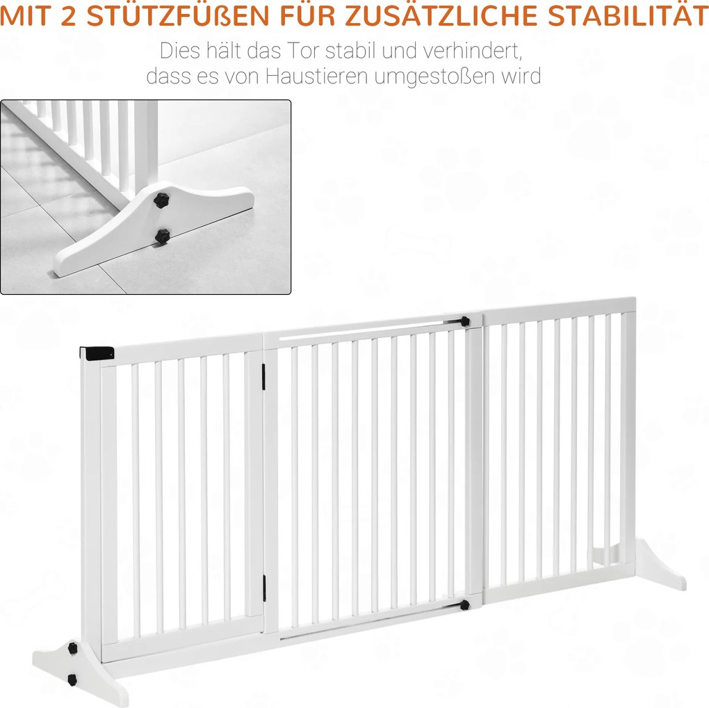 PawHut Bramka Zabezpieczająca Drewniana do Drzwi Bariera dla Psów Biała Sosnowa Konfigurowalna 113-166x36x71cm | Aosom PL