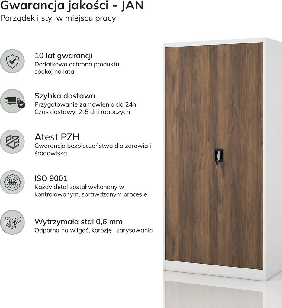 Szafa biurowa na dokumenty z 4 półkami biała/orzech, 900x1850x400 mm: JAN Eco Design