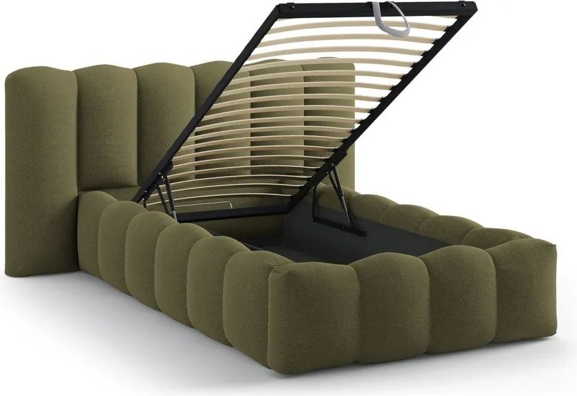 Tapicerowane łóżko jednoosobowe ze schowkiem i stelażem 90x200 cm w kolorze khaki Lupine – Micadoni