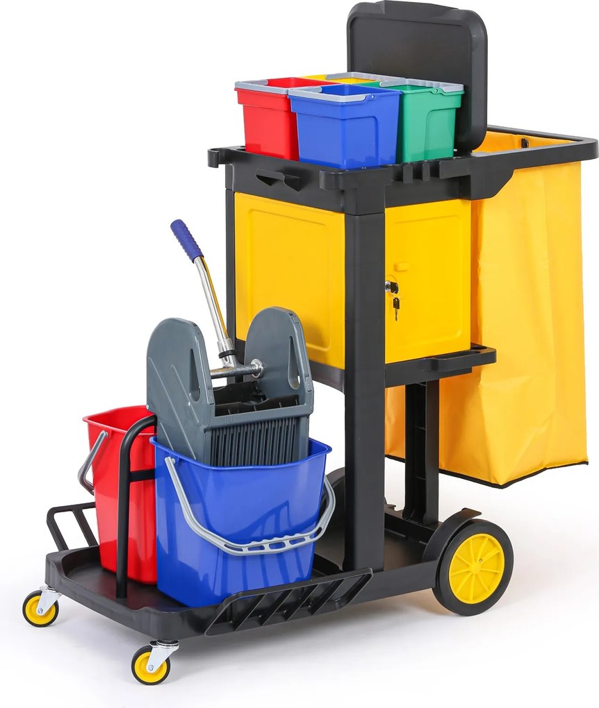 Profesjonalny wózek sprzątający z 6 wiadrami, uchwytami na mopy, szafką i workiem z pokrywą, 1120 × 710 × 1100 mm