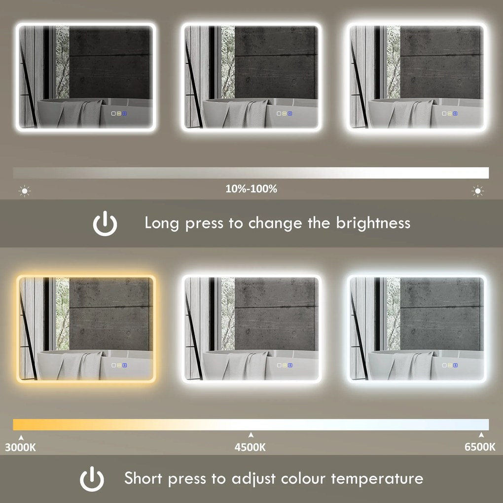 HOMCOM Lustro łazienkowe LED Bluetooth 70 x 90 cm przycisk dotykowy regulowane światło 3 kolory przeciwparowe pamięć Srebrny