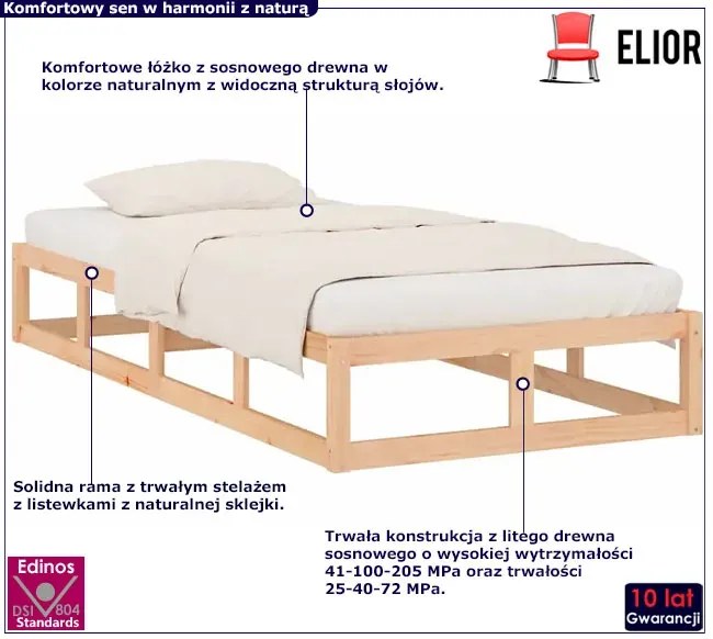 Pojedyncze naturalne sosnowe łóżko 90x200 - Kaori 3X